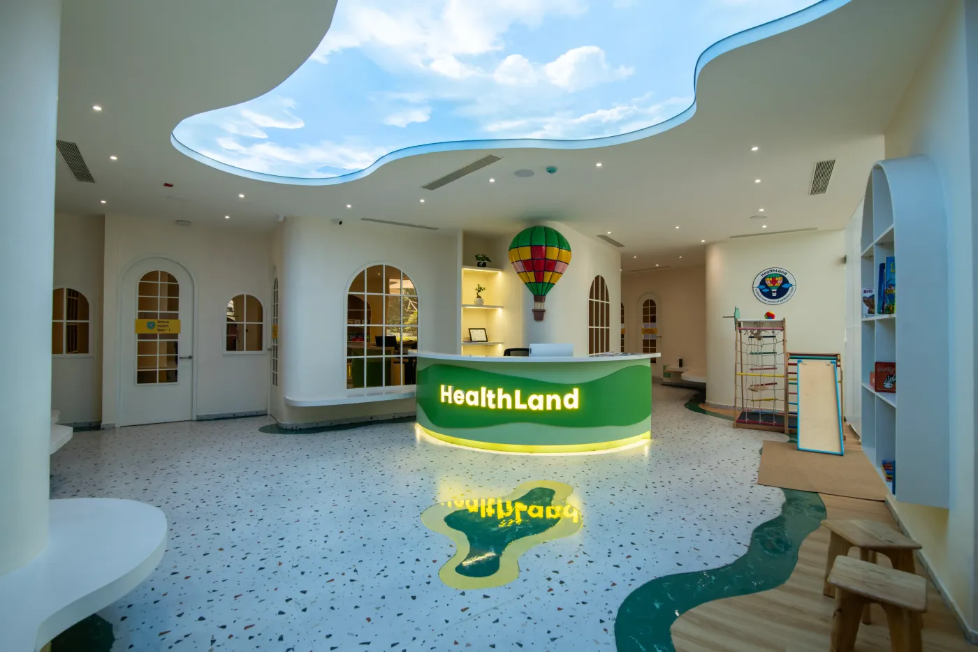 Kids-friendly reception and waiting area at HealthLand pediatric clinic in Whitefield, Bangalore